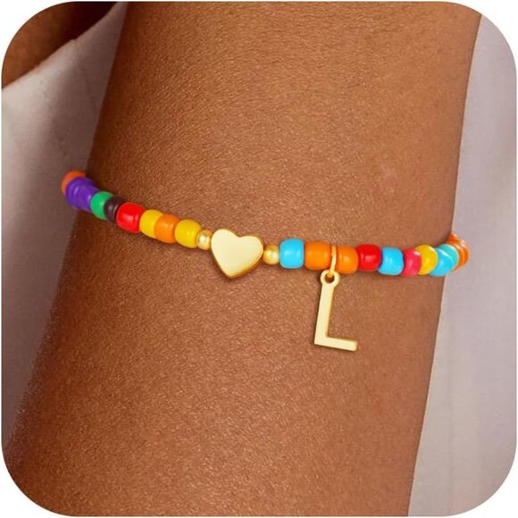Personalized Colorful Initial Bracelet with Heart - 6" Stretchy Beaded Charm - Picture 1 of 7